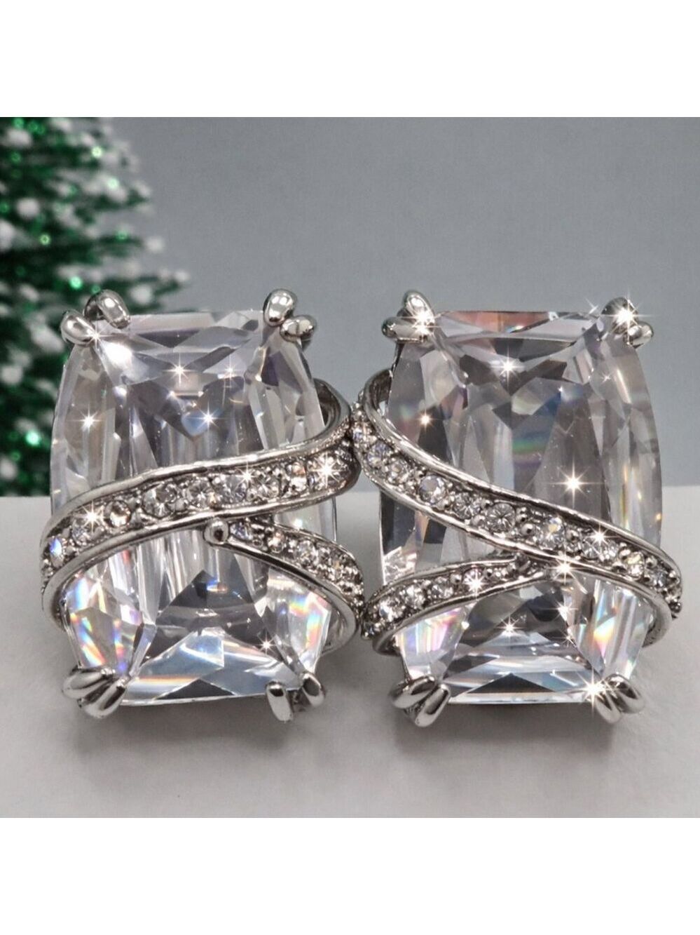 Large Crystal Sparkly Silver Tone Clip Earrings Wedding Bridesmaid
